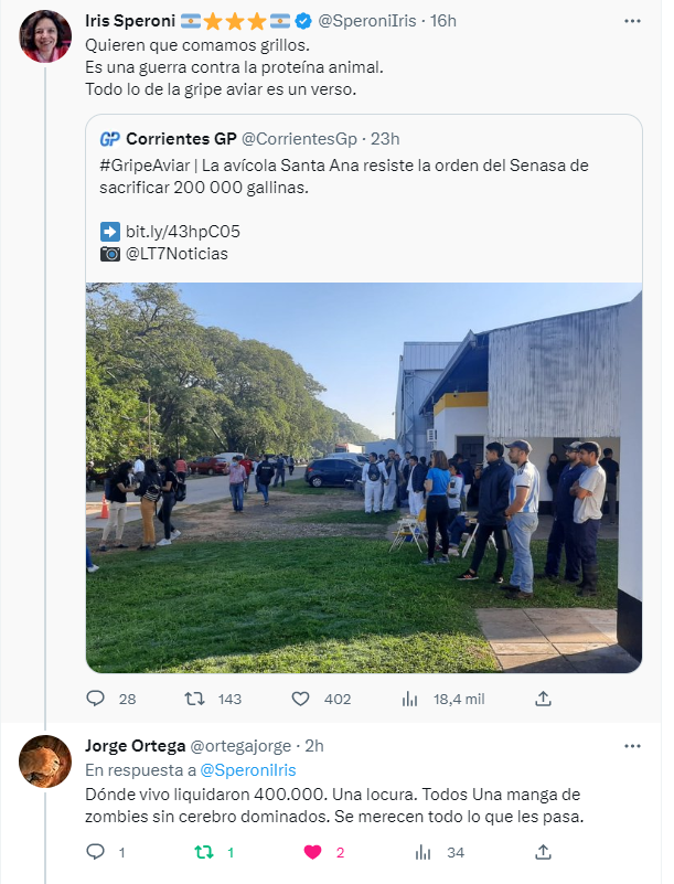 SperoniIris's tweet photo. Por favor, por favor, pónganse firmes.
Todo lo de la gripe aviar es un verso. No dejen que les maten ni un solo animal.
Piquete, toma de la planta, ir al juez y pedir amparo. CUALQUIER COSA, pero no dejen que les maten los animales. Y menos por una mentira importada de Europa. https://t.co/ogz8tRKyuk