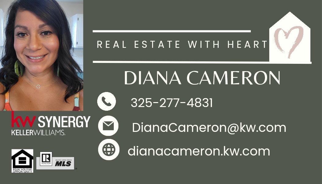 Call me for real estate questions and services in the San Angelo, Texas area! #sanangelotexas #sanangelo #sanangelorealestate #kellerwilliamssynergy #kellerwilliamsrealtor #kellerwilliams #realestatewithheart #dianacameronrealtor