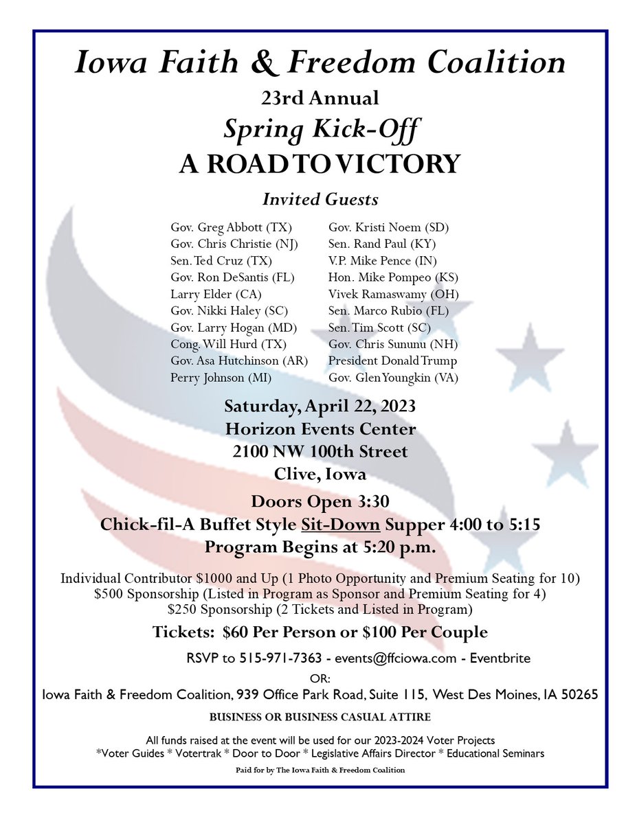 IowaFaith's tweet image. 🇺🇸 PLEASE RETWEET! 🇺🇸This is our first list of confirmed speakers!!!

@LarryElder
Congressman @WillHurd
Congresswoman @TulsiGabbard
Governor @AsaHutchinson
@PJQualityGuru
Vice President @Mike_Pence
@VivekGRamaswamy
Senator @votetimscott

Get  tickets here: eventbrite.com/e/iowa-faith-f…