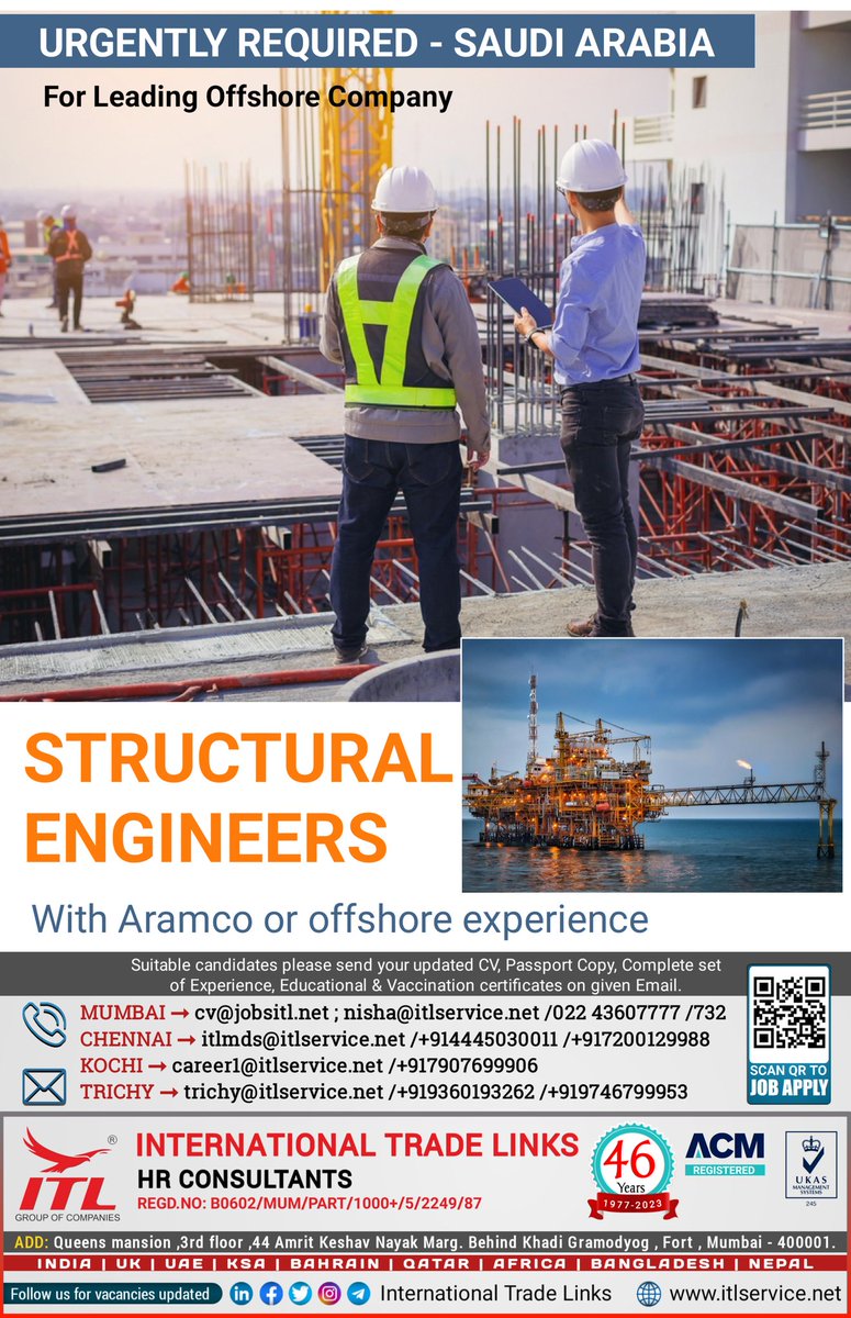 JOB VACANCY FOR #saudiarabia

Interested candidates, please send your updated CV on given emails

Learn more :
itlservice.net

#structural #engineer #engineerjobs  #offshore #aramco #oilandgas #civil  #saudijobseeker #saudihiring #hiringimmediately #hiringnow #recruitmen