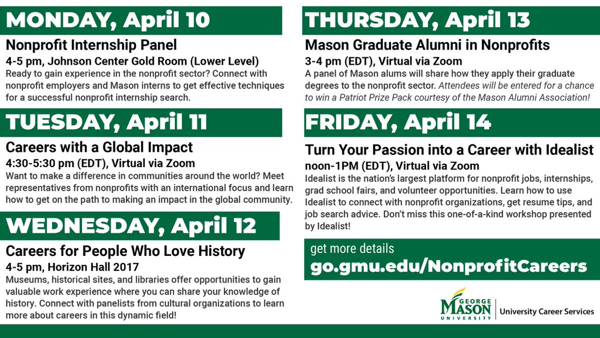 It's Day 2 of Nonprofit Careers Week! Today at 4:30 is 'Careers with a Global Impact.' Visit ow.ly/5UQJ50NFZpF for the Zoom link. #nonprofitcareers #globalcareers #masonnation