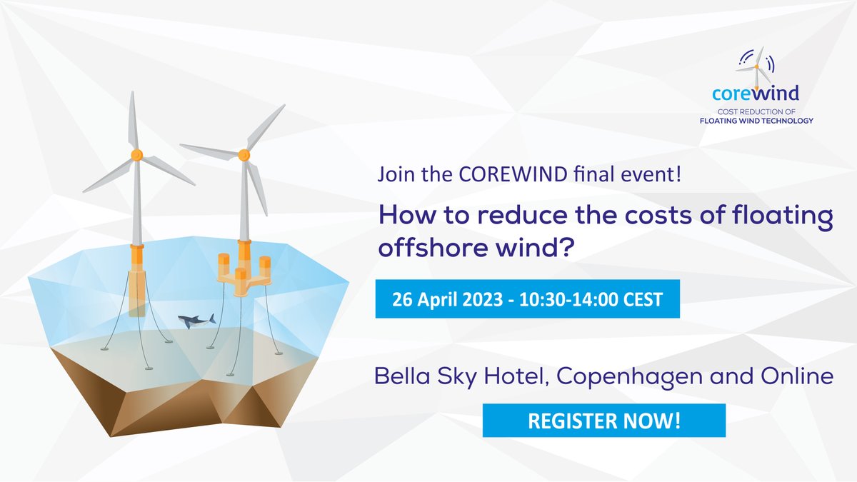 corewindeu's tweet photo. Join COREWIND's final event in #Copenhagen / #online &amp; discover innovative solutions for cost-effective #WindEnergy! 

Our #experts are finally ready to unveil their findings. 

Register here:
👉 https://t.co/aNj07Tvr8L 

#renewableenergy #windturbine #cleanenergy https://t.co/tIRe2YtU5i