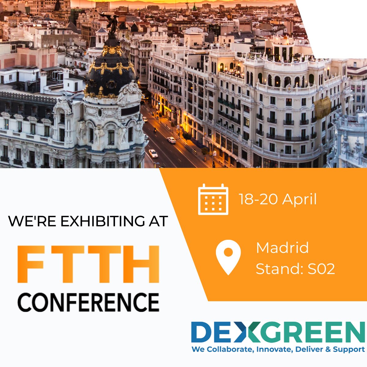 DexGreen_Ltd's tweet image. We are delighted to be attending the FTTH Conference 2023 in Madrid between 18-20 April 2023!

Make sure to visit us at Stand S02.

@FTTHCouncilEU 

#ftth #ftth23 #FTTHConference #madrid #telecommunications