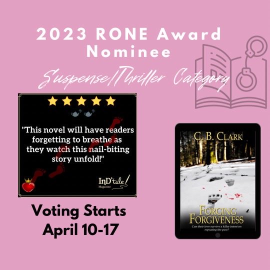 cbclarkauthor's tweet image. If you haven’t voted for Forging Forgiveness in the 2023 RONE Awards in the Suspense/Thriller category, I’d really appreciate your support. Click the link and follow the directions.
indtale.com/2023-rone-awar…
#WRPbks #RONE #Vote #ABA