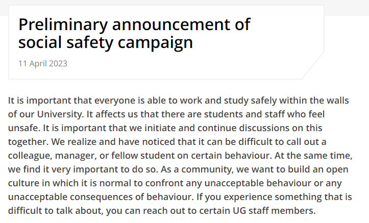 If social safety is so important, then stop firing people for making an official complaint @univgroningen. This is fundamentally the issue: you see this as a PR issue that needs addressing through a campaign, rather than an issue of social justice within the RUG. #AmINext