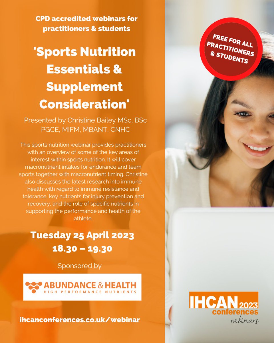 IHCAN Conferences (@ihcanconference) on Twitter photo *FREE WEBINAR* Tuesday 25 April.
‘Sports Nutrition Essentials & Supplement Consideration’ hosted by <a href="/AandH_Official/">Abundance and Health</a>, presented by <a href="/AdvNut/">Christine Bailey</a>.
Register free 👉 register.gotowebinar.com/register/39844… *FREE WEBINAR* Tuesday 25 April.
‘Sports Nutrition Essentials & Supplement Consideration’ hosted by <a href="/AandH_Official/">Abundance and Health</a>, presented by <a href="/AdvNut/">Christine Bailey</a>.
Register free 👉 register.gotowebinar.com/register/39844…