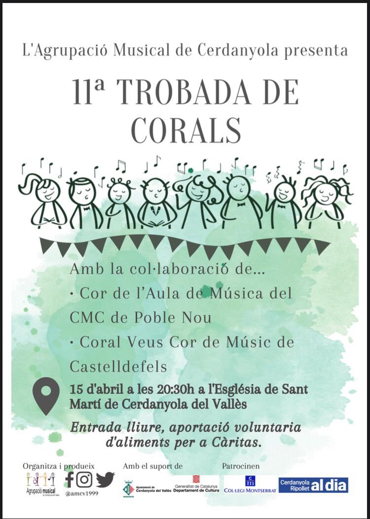 L’AMCV presenta LA 11a TROBADA DE CORALS🎶🎉

Es tracta d’un concert gratuït,, però des de l’AMCV ens agradaria demanar al públic que col·labori aportant aliments per Càritas🥫🧀🥬🥛 a aquest link trobareu més informació: totcerdanyola.cat/actualitat/soc… 

#Coral #Trobada #Càritas #AMCV