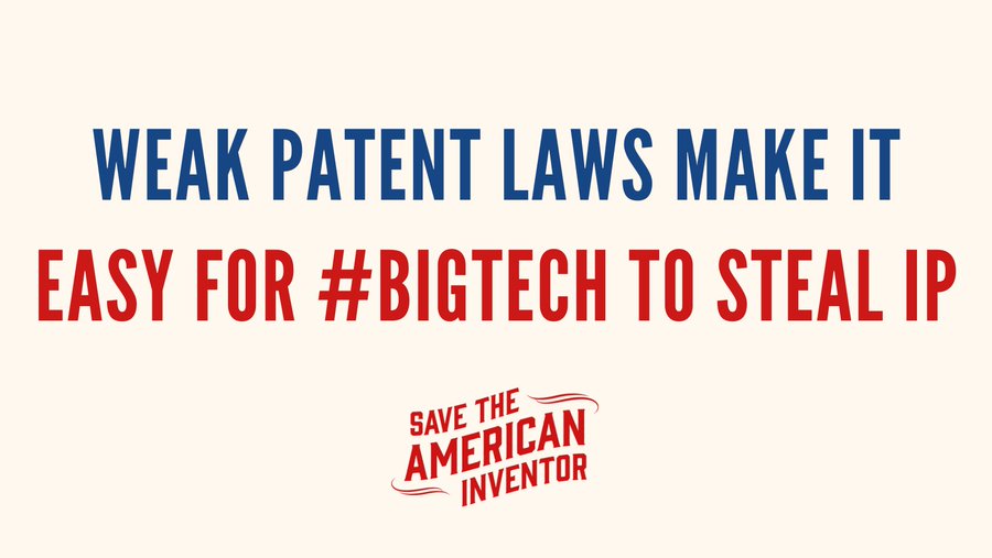 We totally agree with @SavetheInventor on this. Stronger patent laws are needed to protect America's #startups and #inventors from infringement from #BigTech.