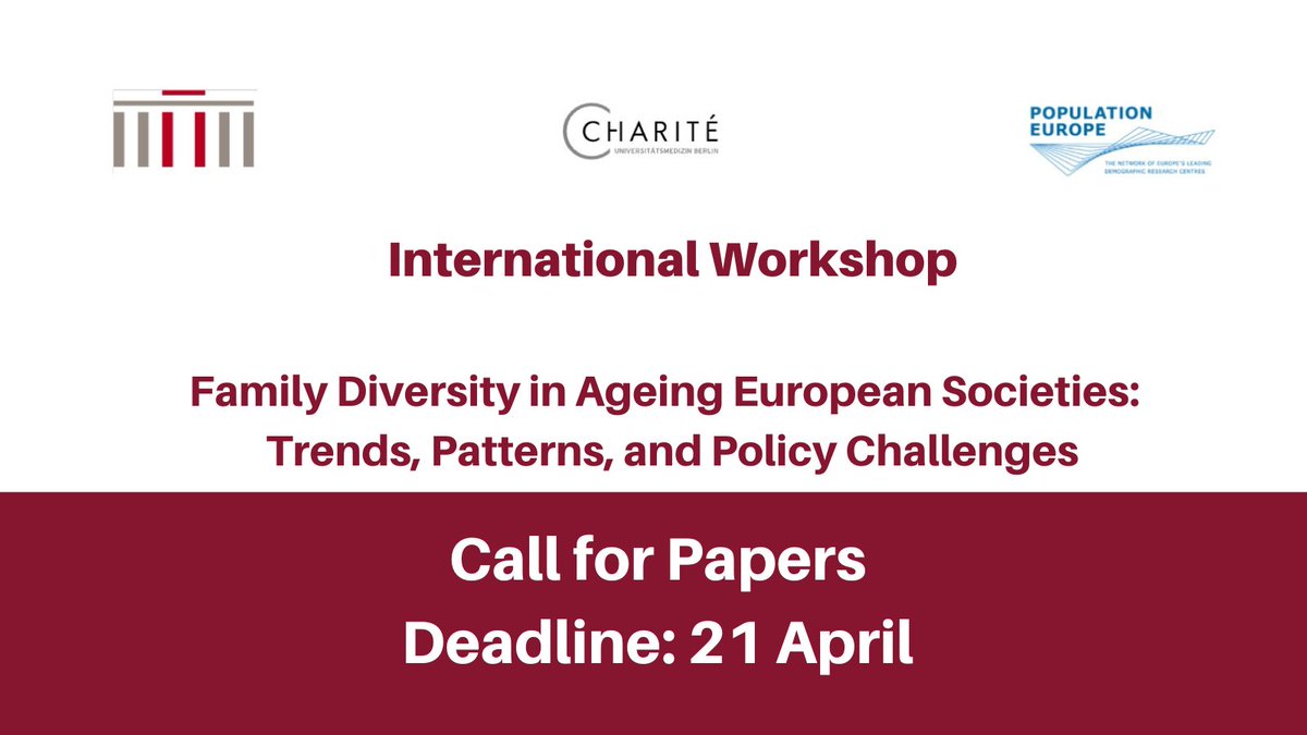 📢Please spread the word!

Call for papers: Family Diversity in Ageing European Societies (focus on advanced ages!)

Deadline 21 April

👀In Berlin, travel and accommodation costs are covered by organisers.

🔗population-europe.eu/events/calls-p…