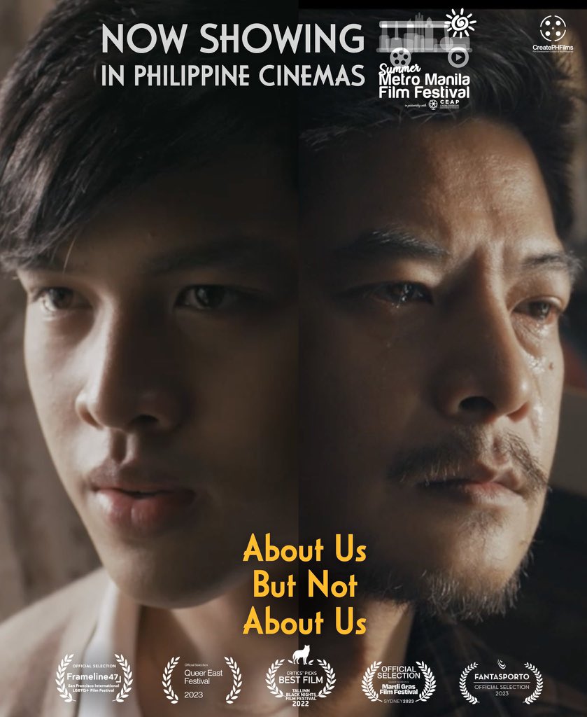 10 Reasons to watch #AboutUsButNotAboutUs

✅Best Sound
✅Best Musical Score
✅Best Production Design
✅Best Editing
✅Best Cinematography
✅Best Screenplay
✅Best Director
✅Best Actor (Romnick Sarmenta) 
✅Jury Prize (Elijah Canlas)
✅BEST PICTURE 

#SummerMMFF2023