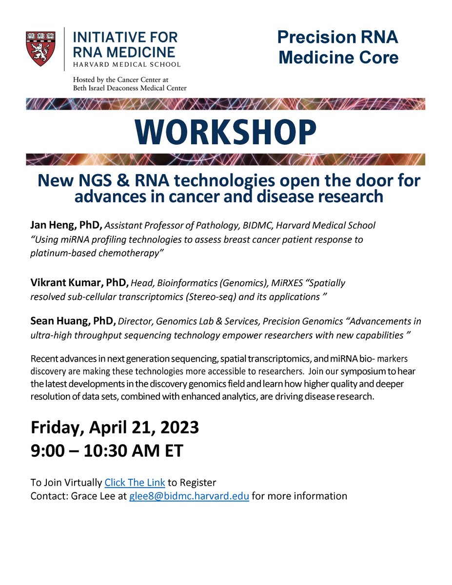 irmdirector's tweet photo. Save-The-Date: Join us for a virtual workshop with MiRXES on Friday, April 23, 2023!
To register please email Glee8@bidmc.harvard.edu with subject line "MiRXES Virtual Workshop" '
#RNA #RNAMedicine #HIRM #BIDMC #MiRXES https://t.co/OnSFUt37jg