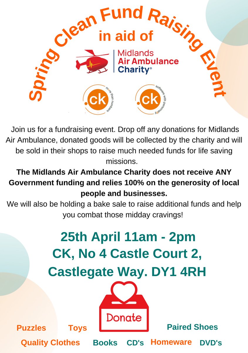 CK are holding a #fundraising event for @MAA_Charity, spring clean your homes and drop off any donations to our offices. These donations will be sold in their charity shops to raise vital funds for their life saving missions. We hope you can join us! justgiving.com/page/charity-c…
