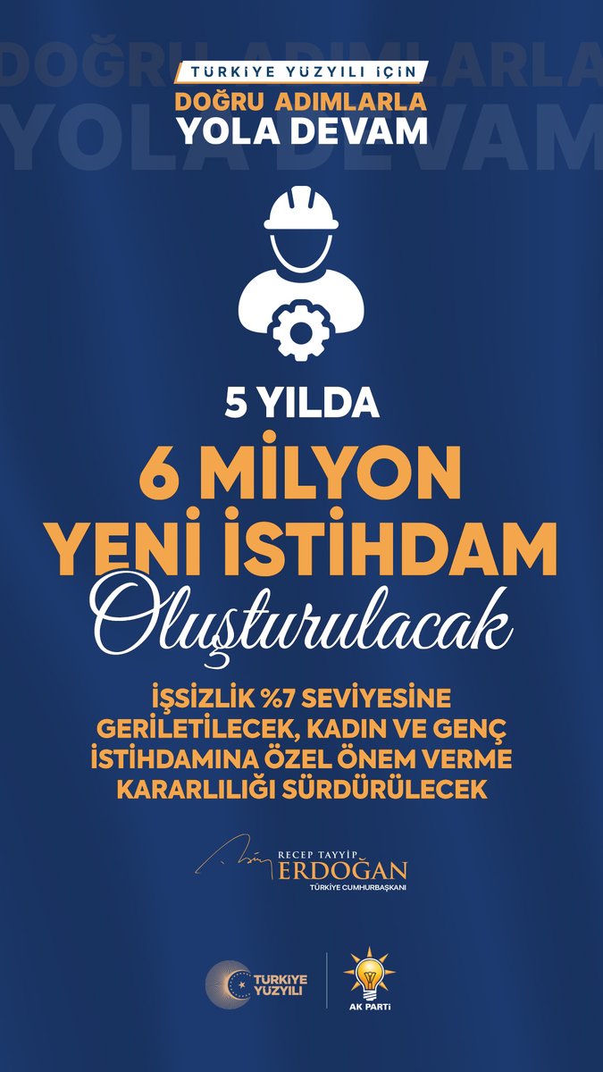 5 yılda 6 milyon yeni istihdam oluşturarak işsizlik oranımızı %7 seviyesine gerileteceğiz. #DoğrusuAkParti