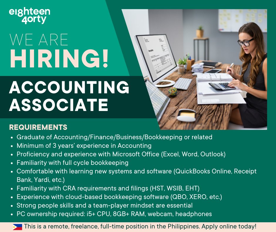 1840andCompany's tweet image. We are currently seeking an experienced Accounting Associate located in the Philippines. If you are well-versed in accounting principles and procedures, learn more and apply here 👉 bit.ly/3KumqFM

#AccountingAssociate #remotework #freelancer #Accounting #Philippines