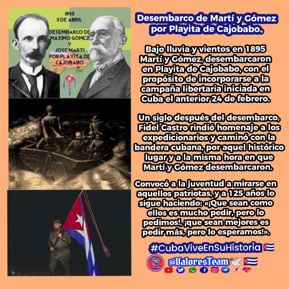 #CubaViveEnSuHistoria ❤🇨🇺
Conmemoramos el 1️⃣2️⃣8️⃣ aniversario del desembarco de Martí y Gómez por Playita de Cajobabo.
Su firmeza y lealtad hacen vibrar a la juventud, conscientes de que son esa estirpe de hombres inmensos que nunca le fallaron a #Cuba.
#ValoresTeam <a href="/DiazCanelB/">Miguel Díaz-Canel Bermúdez</a>