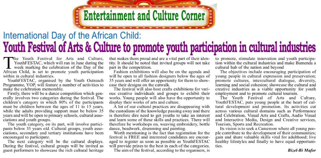 Free registration is now open for #YouthFESTAC! Cultural groups, educational institutions, fashion designers can register! Cotact us at 1st Floor Nangah Building. Ring Way Street Bamenda. Handsome prizes for fashion design and dance- children and youth!