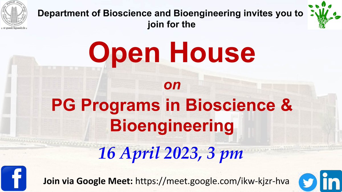 Bioscience and Bioengineering IIT Jodhpur (@bsbe_iitj) on Twitter photo 📢The Department of BSBE <a href="/bsbe_iitj/">Bioscience and Bioengineering IIT Jodhpur</a> <a href="/iitjodhpur/">Indian Institute of Technology Jodhpur</a> invites you to join the Open House Webinar on it's competitive
+ M.Tech.
+ M.Tech. - Ph.D. dual degree &
+ Ph.D. programs
When: 16th April 2023, at 3.00 pm
Where: meet.google.com/ikw-kjzr-hva 📢The Department of BSBE <a href="/bsbe_iitj/">Bioscience and Bioengineering IIT Jodhpur</a> <a href="/iitjodhpur/">Indian Institute of Technology Jodhpur</a> invites you to join the Open House Webinar on it's competitive
+ M.Tech.
+ M.Tech. - Ph.D. dual degree &
+ Ph.D. programs
When: 16th April 2023, at 3.00 pm
Where: meet.google.com/ikw-kjzr-hva