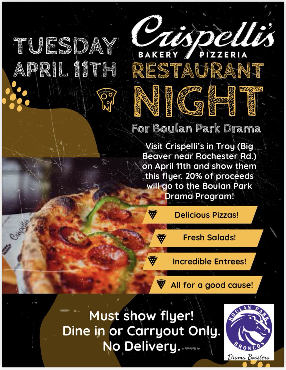 Support Boulan’s wonderful Drama Club and get some Crispelli’s today! If you show them this flyer, 20% of the proceeds will go to the BPMS Drama Department 🤍