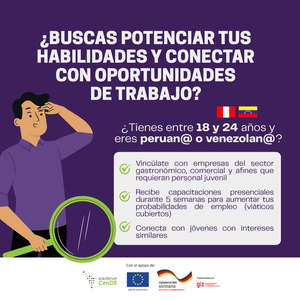 equilibriumbdc's tweet photo. 📢¡Participa en el proyecto “RUTA AL EMPLEO”!

✅Inscríbete aquí: https://t.co/QOV2ikHsEv

@veneactivaorg @CedroPeru @TECHOpe @SaveChildrenPE @ACNURPeru @planperu @ocasiven @CAREenPeru @encuentrosSJS 
@Gbrauckmeyer @OIM_Peru 
(1/4) https://t.co/YIkonZlH4V