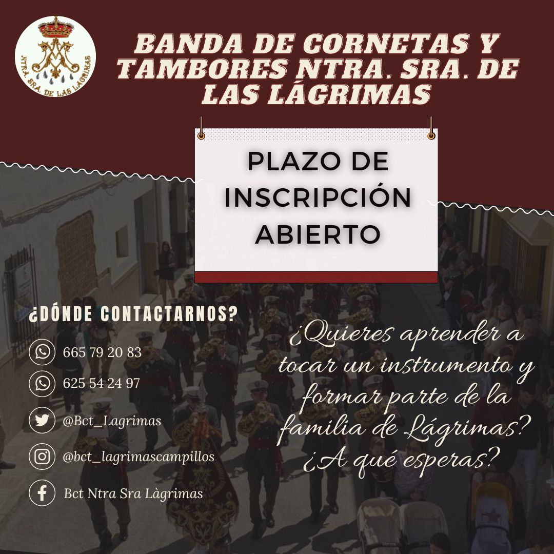 📝 ABIERTO EL PLAZO DE INSCRIPCIÓN. 

¡Vente a formar parte de la familia de Lágrimas! 

Esta semana estará abierto el local de ensayo miércoles y jueves de 20:00h a 21:00h para cualquier tipo de dudas. 

Te esperamos. 😉

#PorSiempreLágrimas