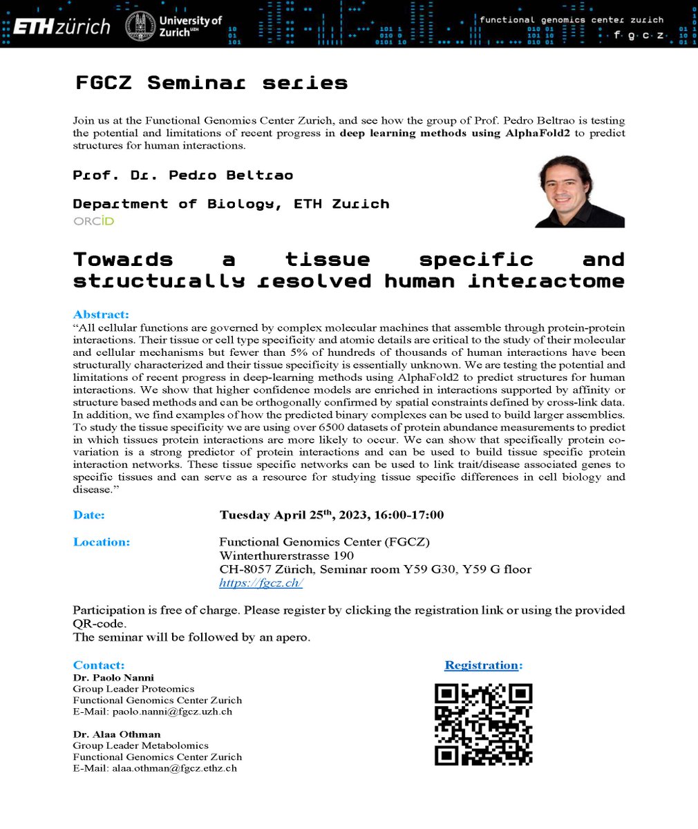 FGCZ (@fgcz_en) on Twitter photo Do you want to see how #AlphaFold2 can be applied to study protein-protein interactions? Join us for a new #FGCZseminar where <a href="/pedrobeltrao/">Pedro Beltrao</a> will show its potential and limitations.
April 25th, 16:00-17:00
Registration required
Apero will follow
#proteomics, #interactionproteomics Do you want to see how #AlphaFold2 can be applied to study protein-protein interactions? Join us for a new #FGCZseminar where <a href="/pedrobeltrao/">Pedro Beltrao</a> will show its potential and limitations.
April 25th, 16:00-17:00
Registration required
Apero will follow
#proteomics, #interactionproteomics