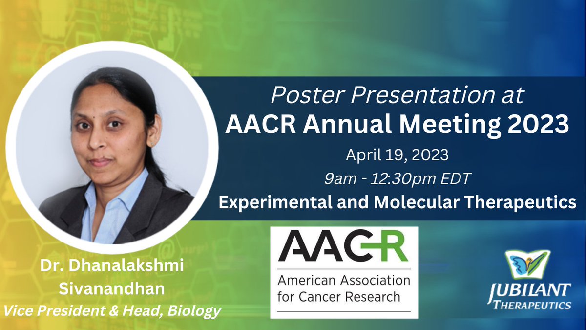 Members of the Jubilant team are attending <a href="/AACR/">AACR</a>  this month to present on JBI-778, our novel brain-penetrant small molecule PRMT5 inhibitor for the treatment of cancer. Dr. Sivanandhan, VP &amp; Head, Biology, will lead the presentation.

Abstract: bit.ly/40b8maq