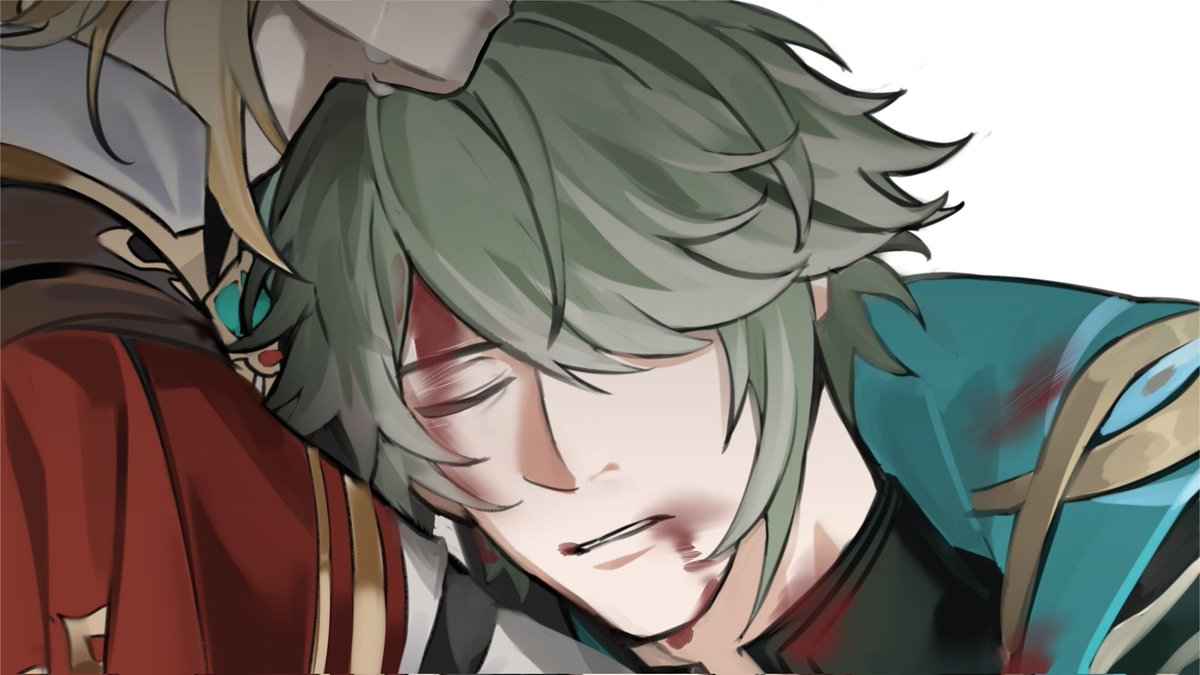 28O76's tweet photo. "𝘐 𝘢𝘭𝘸𝘢𝘺𝘴 𝘵𝘩𝘰𝘶𝘨𝘩𝘵 𝘨𝘳𝘦𝘦𝘯 𝘴𝘶𝘪𝘵𝘴 𝘺𝘰𝘶 𝘵𝘩𝘦 𝘮𝘰𝘴𝘵."

"Sometimes, I wanted to look different. How about me in red, just like now?" He smiled. 

"—shush, keep quite and just wait for Tighnari to come, okay?" https://t.co/yXRQ9nOIfQ