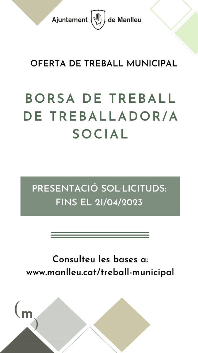 Obertes convocatòries per a diferents processos selectius #Manlleu  
- Borsa monitor/a esportiu/va  
- Borsa treballador/a social 
- Conserge  
- Borsa cap d'Esports  

👉 Consulteu les bases a 
tramits.manlleu.cat/siac/Publicaci…