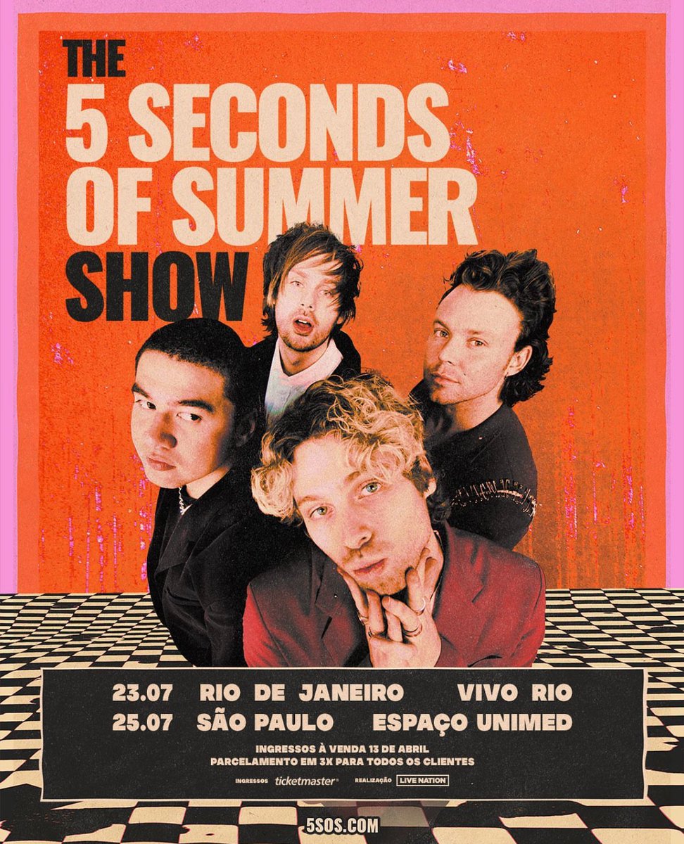 HugoGloss's tweet photo. Alô, fãs de 5 Seconds Of Summer! 🎸Luke Hemmings, Michael Clifford, Calum Hood e Ashton Irwin estão a caminho do Brasil com a turnê "The 5 Seconds of Summer Show". A banda australiana se apresenta no Rio de Janeiro em 23 de julho, no Vivo Rio, e em São Paulo no dia 25 de julho, no Espaço Unimed. A venda de ingressos começa nesta quinta-feira (13), às 10h da manhã. Quem aí curte?! (📸: @livenationbr)