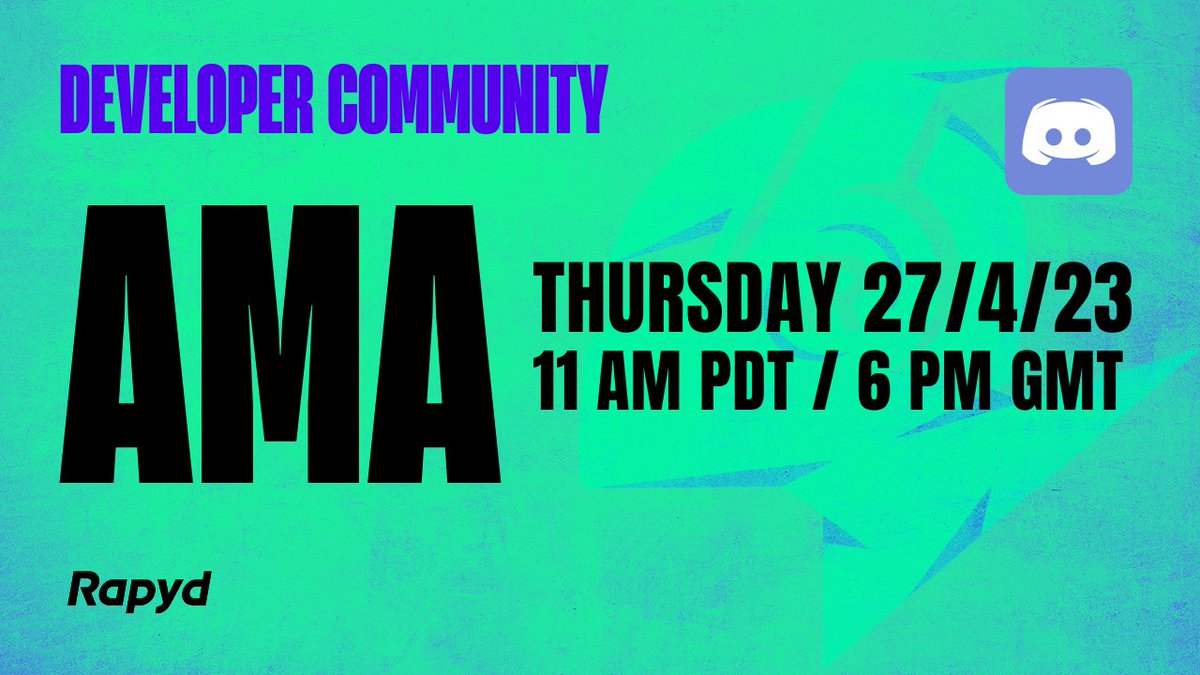 RapydDevs's tweet photo. We're excited to 🎉 the Rapyd Community is hosting an #AMA (Ask Me Anything) event on #discord, and we'd love for you to join us! This is a great opportunity to connect with the Rapyd team and learn more about our platform. #fintech #payments #rapyddevs 

https://t.co/oAa980Stoo https://t.co/q8CfHXYaAl