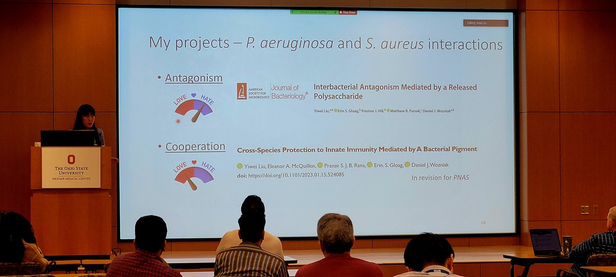 Today Wozniak lab is celebrating our own- Yiwei Liu. She is currently defending her PhD thesis titled: "Frenemies? Antagonism and cooperation between Pseudomonas aeruginosa and Staphylococcus aureus". Wonderful and hard working scientist! #MIIproud #OSU
