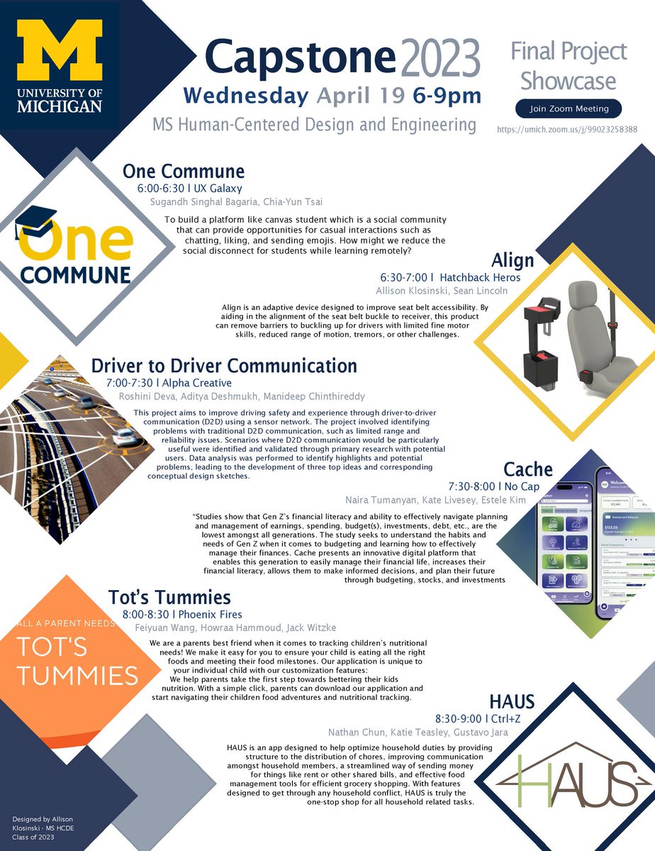 UMDearbornIMSE's tweet photo. An invitation is extended to you for the final presentation of the MS Human-Centered Design &amp; Engineering students' Capstone Project Showcase. Six teams have diligently worked on their projects for the past two semesters. All are welcome.
Zoom: https://t.co/6xUdVQoCiD https://t.co/CVXjlbkWE7