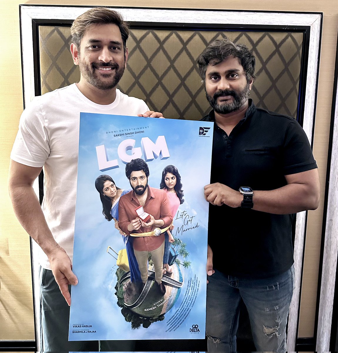 Our Thala @msdhoni with the first look poster of #LGM, along with our Director @ramesharchi. Thank you for all the love and the wonderful response to #LGM’s first look.