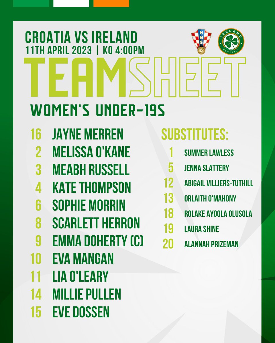 LINE-UP | #IRLWU19 | 🇭🇷 v 🇮🇪

Here’s the Starting XI for Dave Connell’s WU19s  ☘️

They’ll be looking to end their Round 2 qualifiers on a high ⚽️

⌚️ KO 4pm
📱 Updates 👉 uefa.com/womensunder19/…

#COYGIG | #WeAreOne