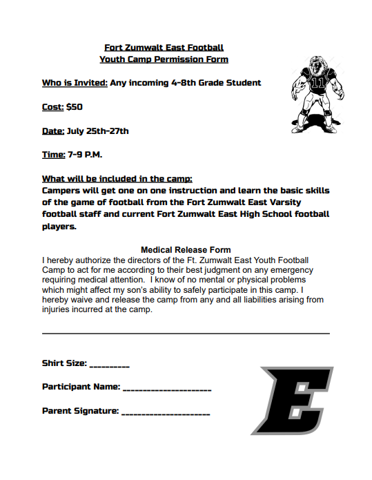 Excited to announce the dates of our 2023 Fort Zumwalt East Football Youth Camp. We cannot wait to have our varsity staff and varsity athletes work individually with campers from all around the St. Louis area. #EmbraceTheProcess