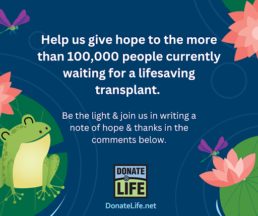 DonateLife's tweet photo. Help us give hope to the 100,000+ people currently waiting for a lifesaving transplant &amp; send thanks to donors and donor families for giving the gift of life. Join us in writing notes of hope &amp; thanks in the comments below! 💙💚 #DonateLife #DonateLifeMonth #BlueGreenSpiritWeek https://t.co/BX8mWRa2ud