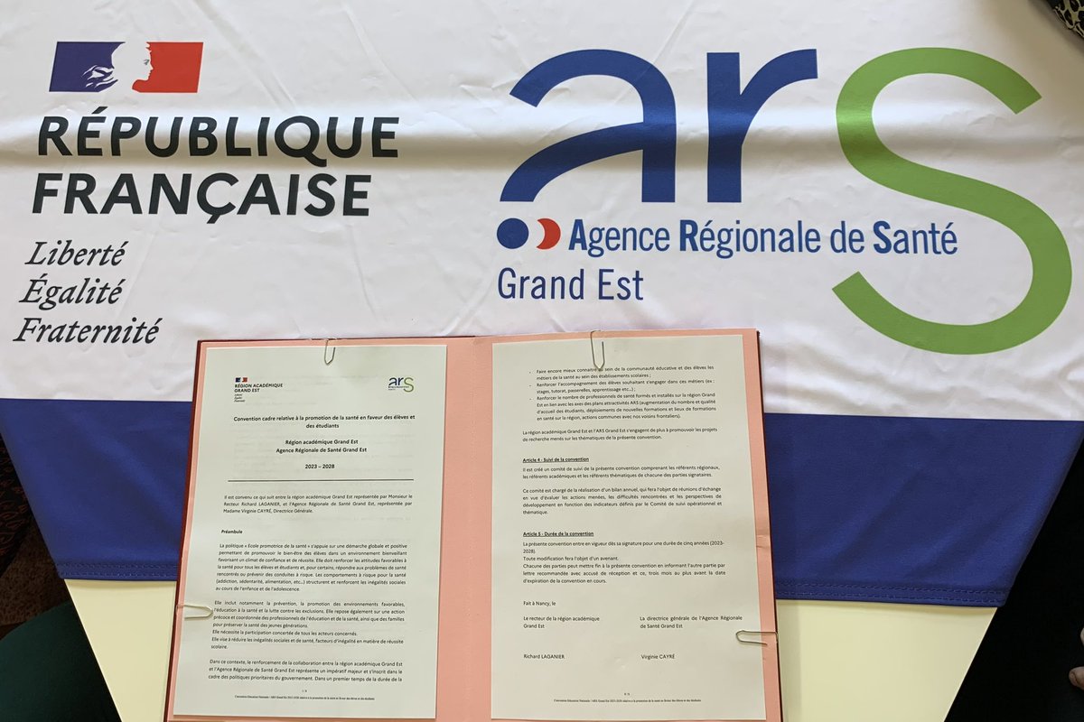 RLaganier's tweet photo. 🖋 Signature de convention entre la @RA_GrandEst et @ars_grand_est pour définir des actions communes en matière d'école #inclusive et répondre aux enjeux partagés de #prévention, de bien-être et de promotion de la #santé en faveur des élèves et des étudiants https://t.co/KLqTs4XtkV