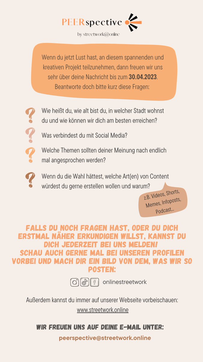 streetwork_On's tweet photo. Wir suchen dich! Und euch! 🙌
PEERspective ist unsere neue Kampagne und wir suchen motivierte, junge Leute! Weitere Informationen findet ihr im Flyer oder besucht doch unsere Website: https://t.co/vAkmJpXbT2
Gerne Teilen &amp; Weiterleiten!🥳 #düsseldorf #berlin #hamburg #socialmedia https://t.co/quMsZogdDu