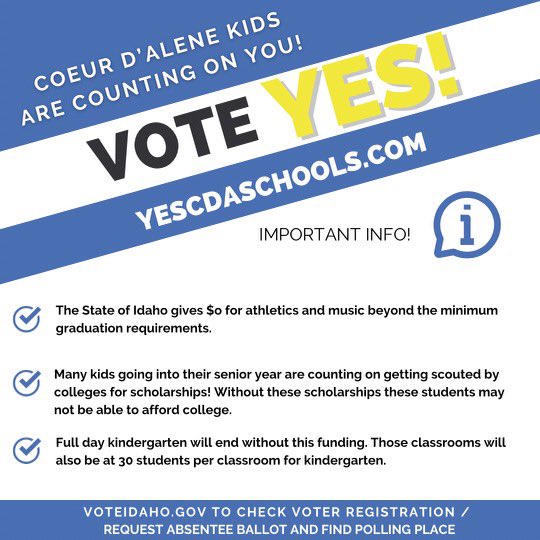 Yes4CDASchools's tweet photo. Our extracurricular activities are priceless, yet we won’t have $ for them unless this levy passes on 5-16. Please vote YES! #CDA #cdaschools @Hout_LakeCity https://t.co/sBO7u15YUN