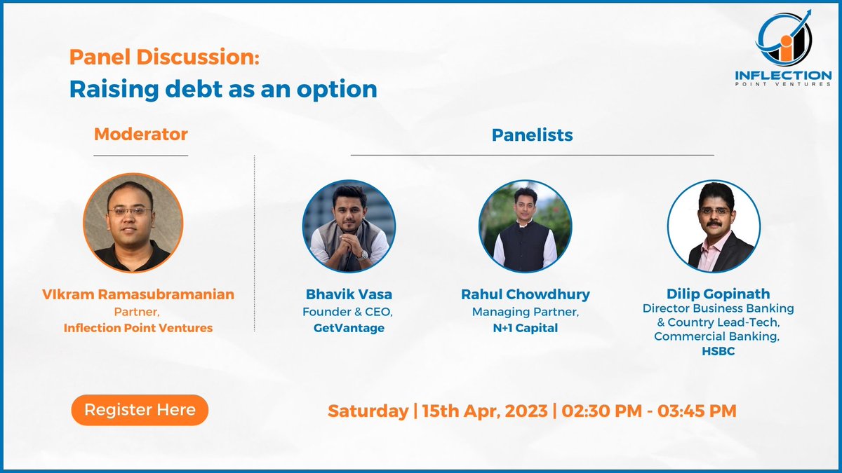 Inflection Point Ventures (@ipventures_in) on Twitter photo We are excited to announce our upcoming panel discussion on the topic "Raising debt as an option" with moderator Vikram Ramasubramanian, Partner, <a href="/ipventures_in/">Inflection Point Ventures</a>.
15th April 2023 | Saturday | 2.30 PM to 3.45 PM
Register now: us02web.zoom.us/webinar/regist…
#inflectionpointventures We are excited to announce our upcoming panel discussion on the topic "Raising debt as an option" with moderator Vikram Ramasubramanian, Partner, <a href="/ipventures_in/">Inflection Point Ventures</a>.
15th April 2023 | Saturday | 2.30 PM to 3.45 PM
Register now: us02web.zoom.us/webinar/regist…
#inflectionpointventures