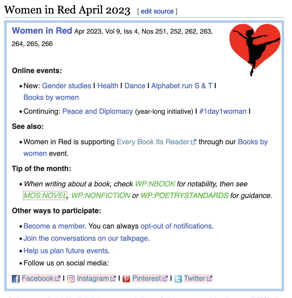 annreynolds988's tweet image. Among the events organised by @WikiWomenInRed in April is Books by women, coinciding with the Meta-Wiki campaign #EveryBookItsReader. Oh, and I ❤️ the dance logo. en.wikipedia.org/wiki/Wikipedia…