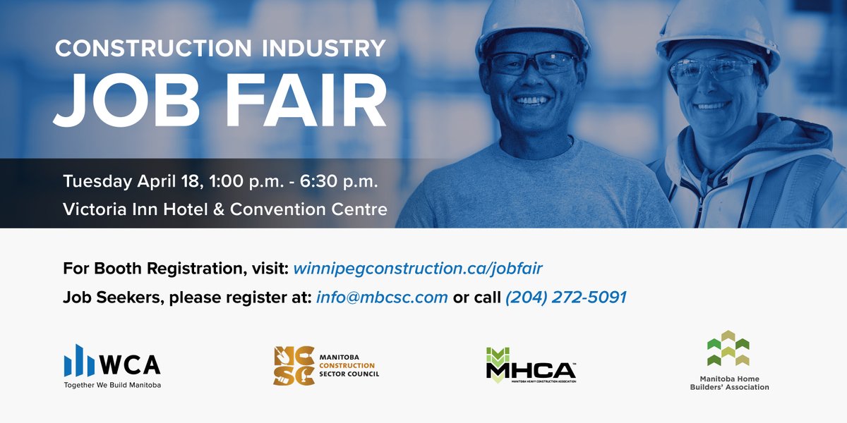 WCAnews's tweet photo. Looking for workers? WCA, @ManitobaHeavy, @MBHomebuilders and @TradeUpMB are hosting a construction industry job fair next Tuesday, April 18. Details and registration here: https://t.co/d6cCwPQ5Xj https://t.co/tcwsI7d01g
