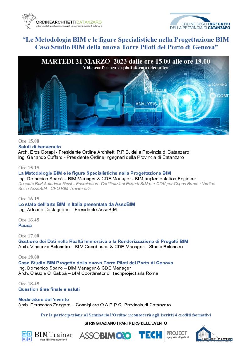 Techprojectsrl's tweet image. MARTEDI 21 MARZO si terrà con la partecipazione di Techproject il seminario “Le Metodologia BIM e le figure Specialistiche nella Progettazione BIM Caso Studio BIM della nuova Torre Piloti del Porto di Genova”riconosciuto dall'ordine con l'assegnazione di crediti #bim #seminario