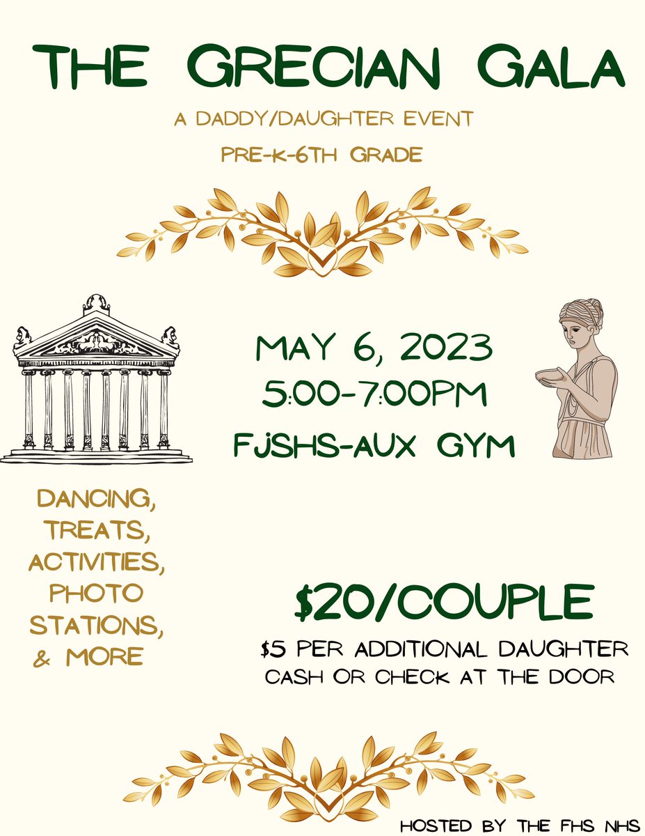 FranktonNhs's tweet photo. It's coming...the NHS hosted Daddy Daughter Dance  theme for 2023 is: The Grecian Gala!   Save the date, May 6th!  🪩💃🎶🍪 https://t.co/sHTuocvZgh