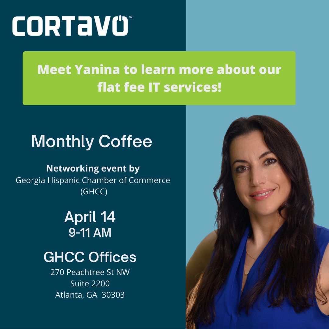 cortavo's tweet photo. Cortavo invites you to the #MonthlyCoffewithGHCC networking event by @ghcc_news! Meet Yanina to learn more about our flat fee IT services!

#networkingeventATL #cortavo #GHCC ##GHCCYourChamber #atlantaevents #atlantanetworking #cobbnetworking #itservices https://t.co/yKR7UIue69