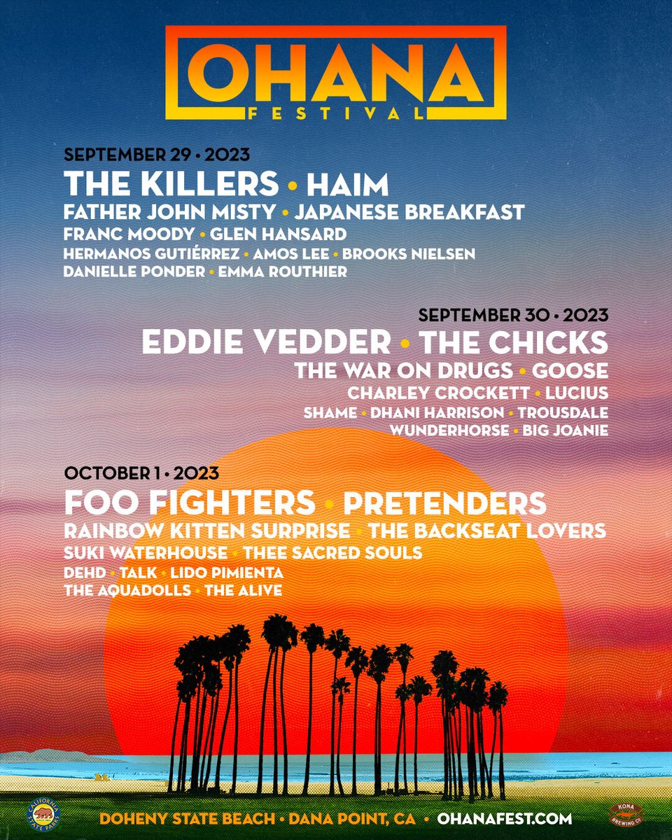 LiveNation's tweet image. The #OhanaFest 2023 lineup is here! 🌴 Presale begins Thurs. 4/13 at 10am PT. Sign up now at livemu.sc/3KNO8ia