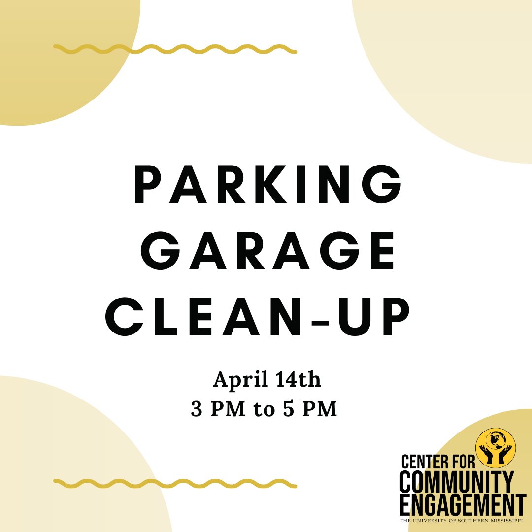 Join us this Friday for our monthly Parking Garage Clean-Up!  This is a great opportunity to meet other people from around campus, do some great service work, and keep our campus clean!

Sign up on Get Connected: volunteer.usm.edu