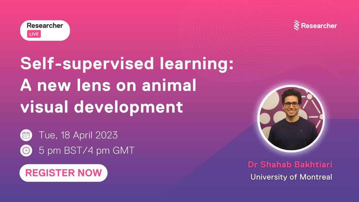 ResearcherApp's tweet photo. Join us for a #ResearcherLive session on "Self-supervised learning: A new lens on animal visual development" with @ShahabBakht, @UMontreal @Mila_Quebec
🗓️ Tue, 18 April 2023
🕓 5 pm BST / 4 pm GMT
Register now! 👇
https://t.co/Ql6H6lmC6y https://t.co/EuPNizUzPi