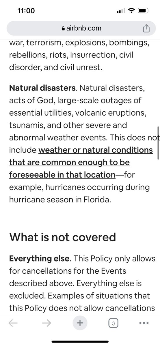 Turns out when they say wildfires they actually mean only FLOODS caused by wildfires, but you have to find that out after the fact. And it turns out that they don’t think “fear of death” is a valid reason to honor their insurance or refund policies on their website either.