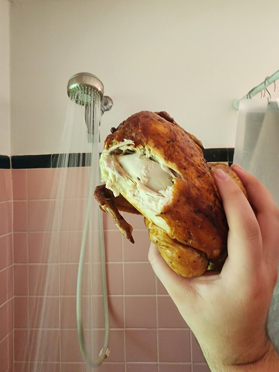 gazpachomachine's tweet photo. Shower Food Review 28: Rotisserie Chicken - A fan paid me to eat this. It was the perfect size for my grip. I dont want to be known for eating food in the shower. I want to succeed by telling jokes &amp; making interesting content. But as far as shower foods go, this was great. 8/10 https://t.co/HCT7WQEy51
